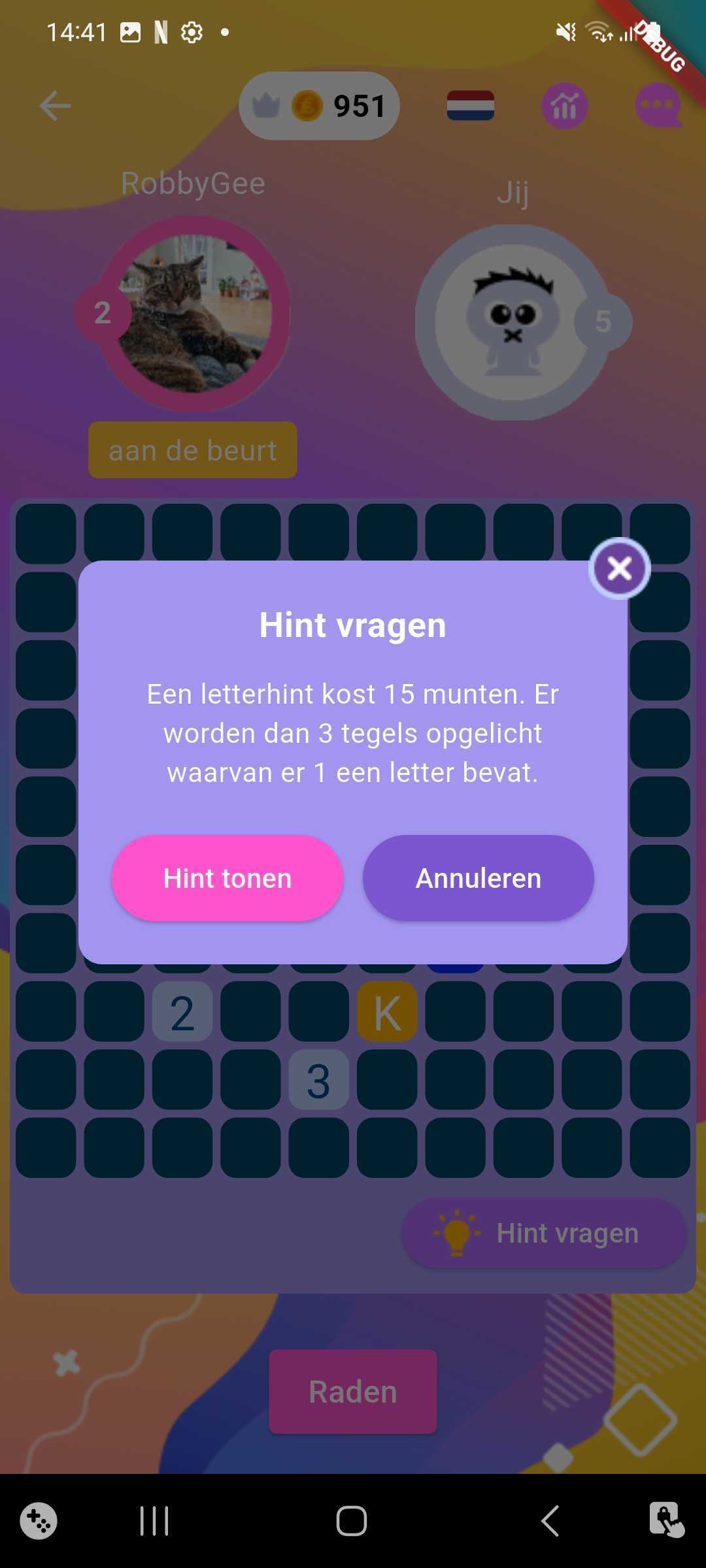 Hint-scherm – Vraag een letterhint